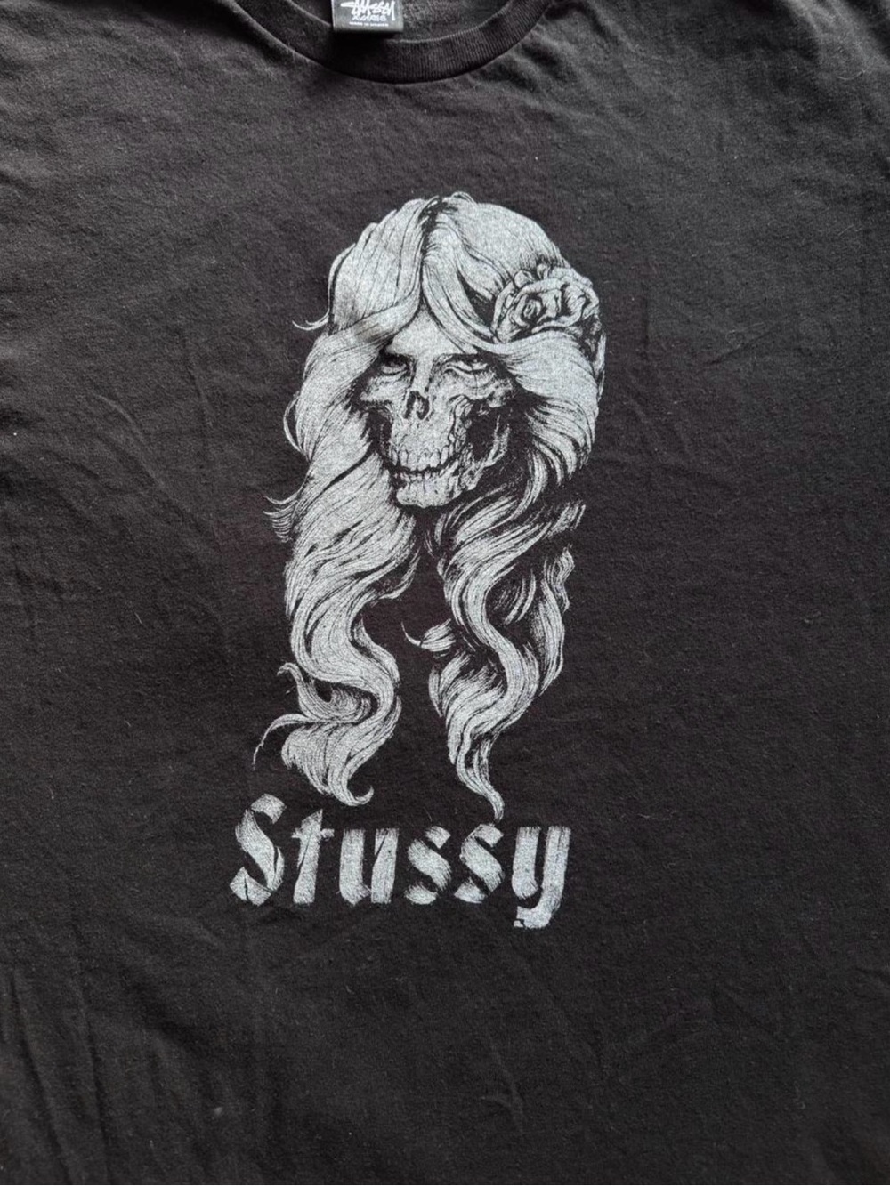 Stussy Black Tee with White Skull Woman Graphic